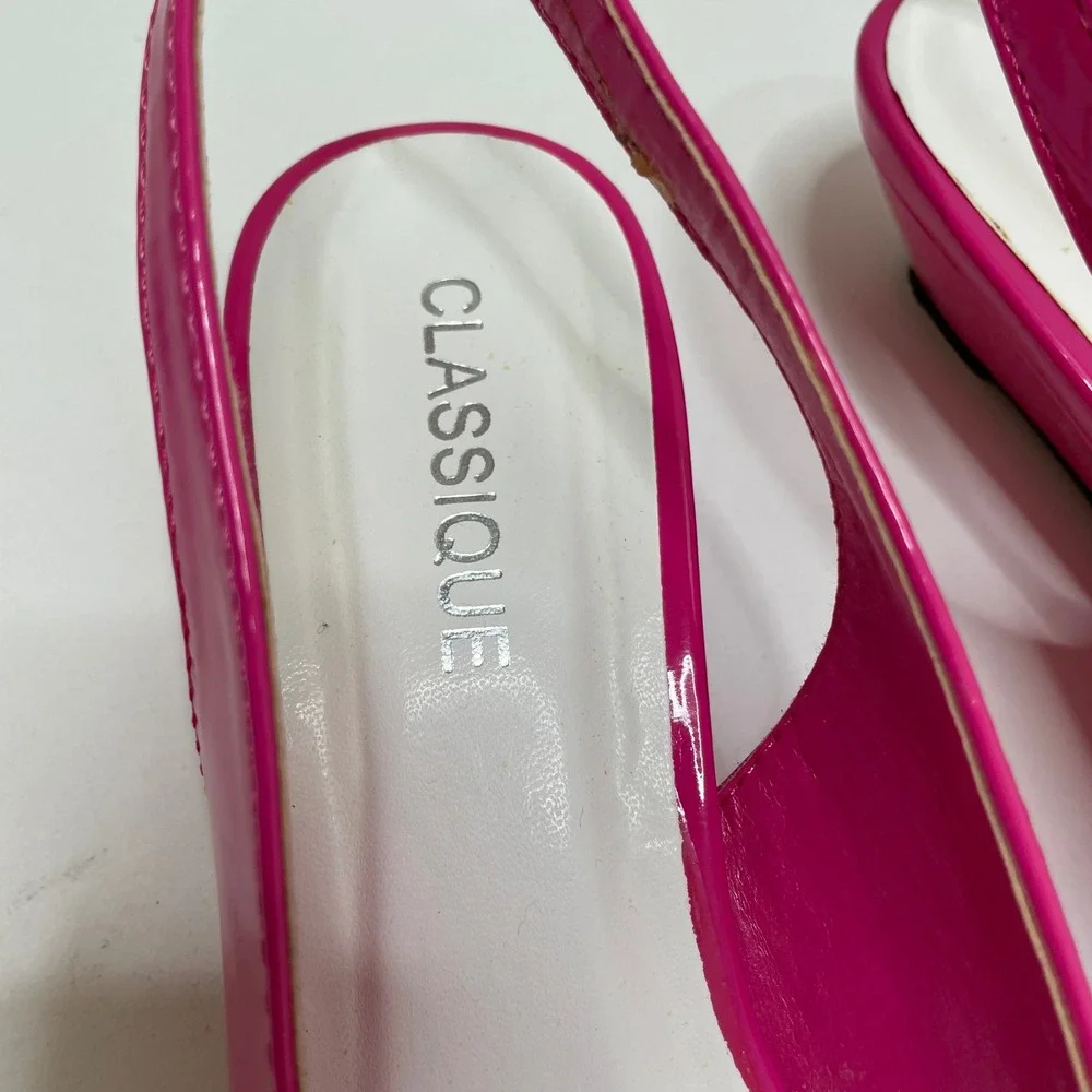 Hot Pink Patent Floral Peep Toe Slingback Wedge Sandals 8.5M Wedding Guest Bold